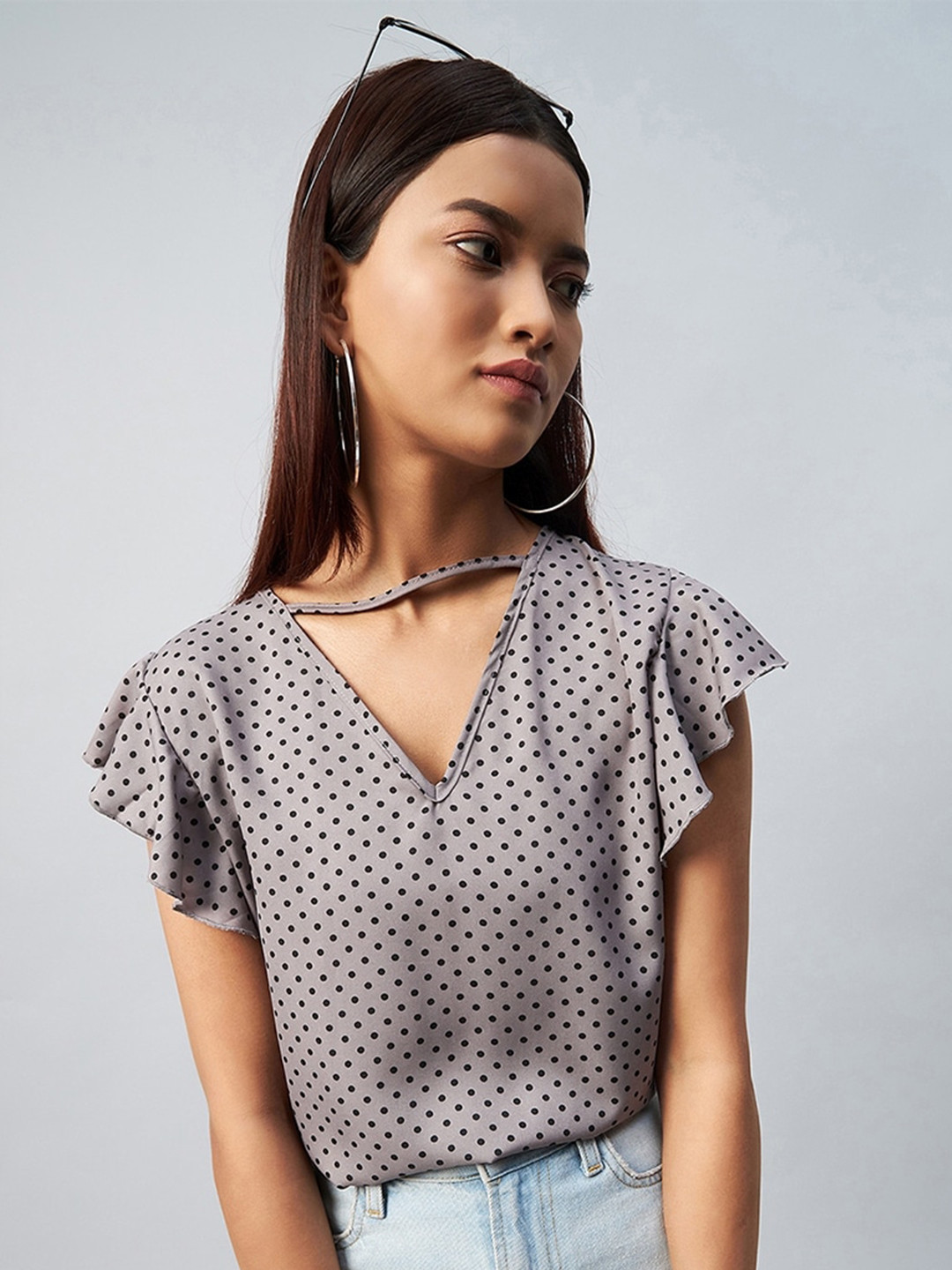 CHIMPAAANZEE Grey Polka Dots V-Neck Top