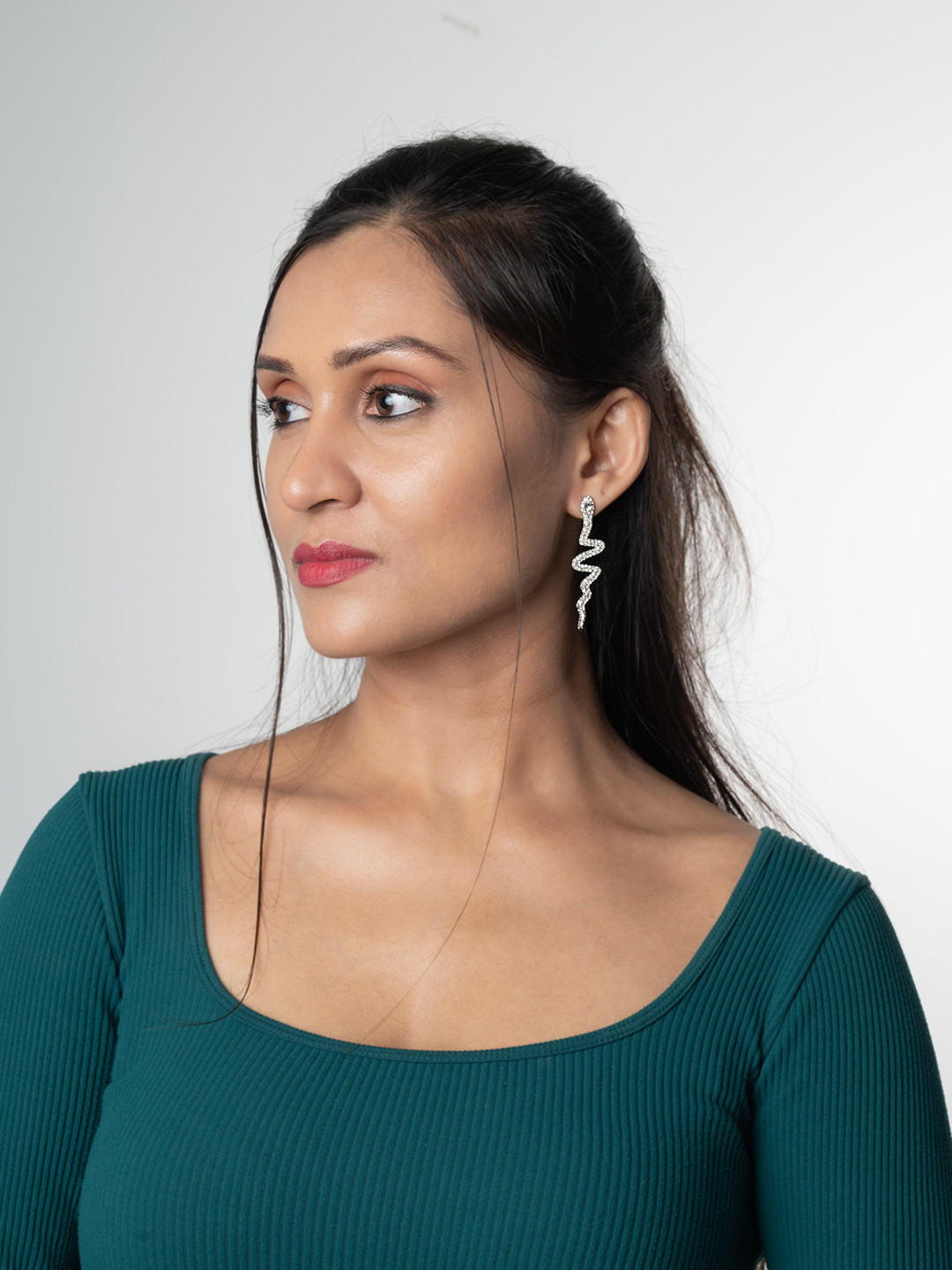 WHITE LIES Silver-Toned & White Rhinestone Snake Shaped Drop Earrings