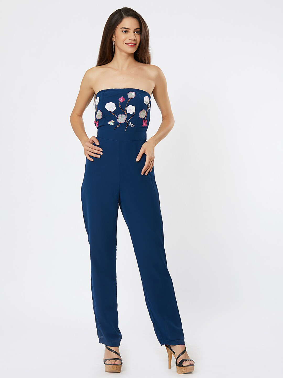 aaliya Blue & White Strapless Basic Jumpsuit with Embellished Detail
