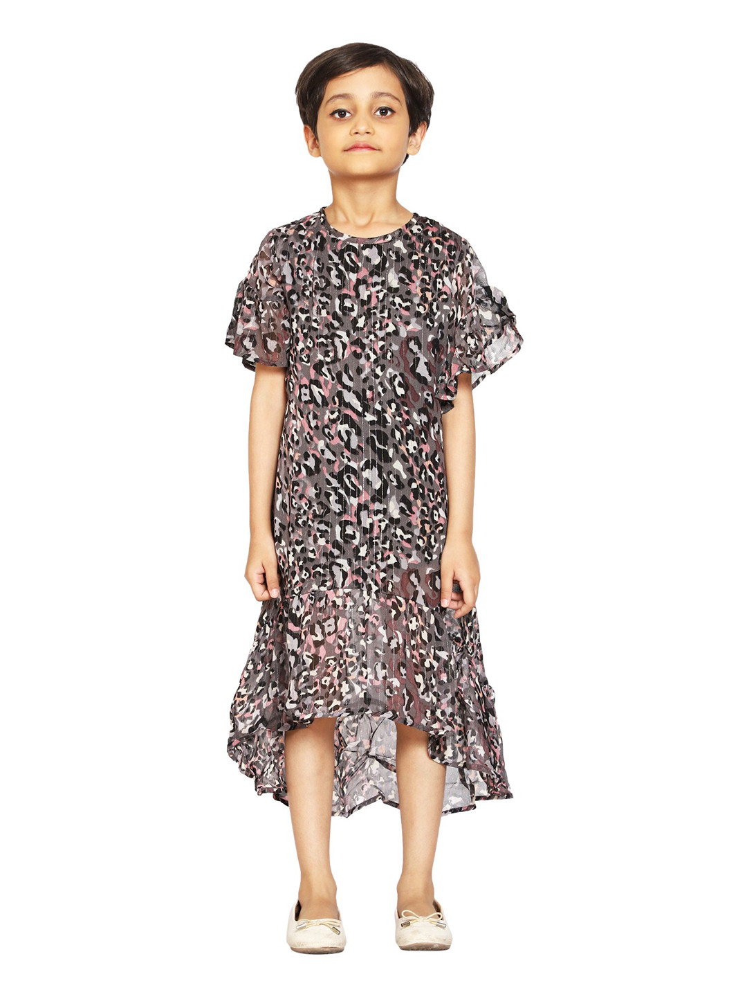 KiddoPanti Girls Grey & Pink Animal Print Layered A-Line Midi Dress