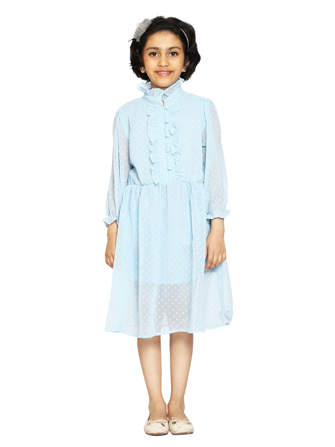 KiddoPanti Girls Blue Yoke Frill Dress