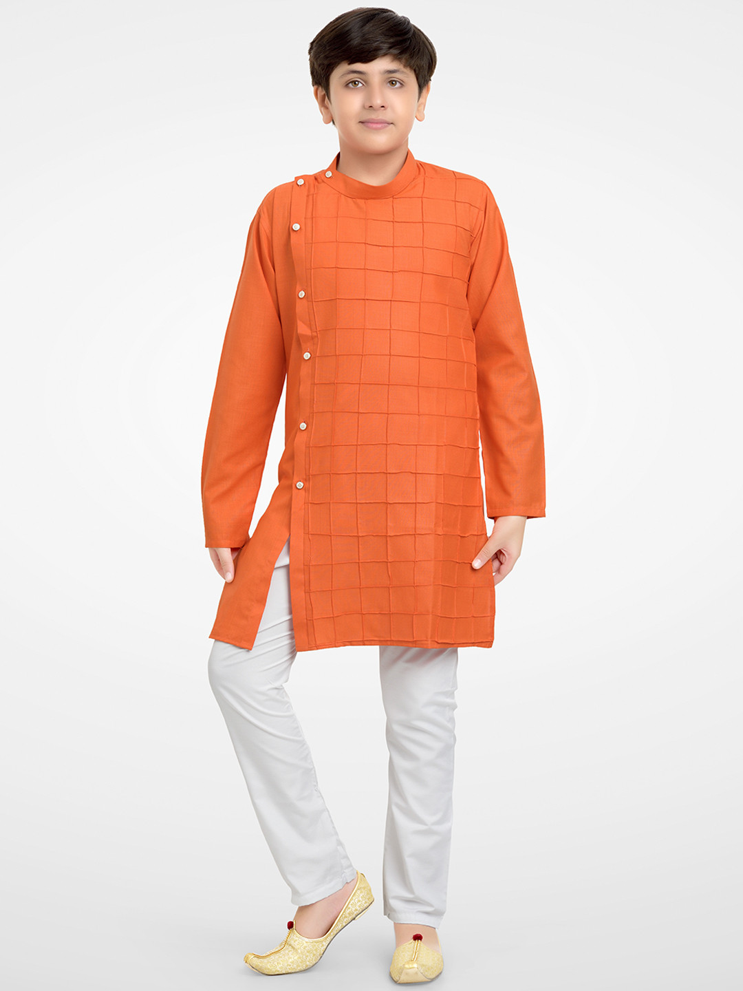 Jeetethnics Boys Orange & White Self Design Angrakha Cotton Blend Kurta Set