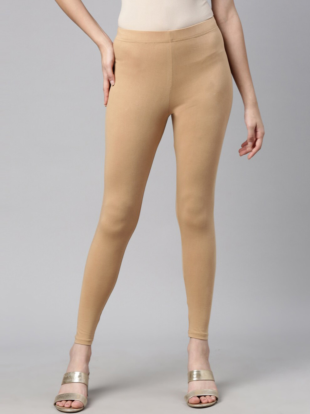 Curare Women Tan Brown Solid Cotton Ankle-Length Leggings