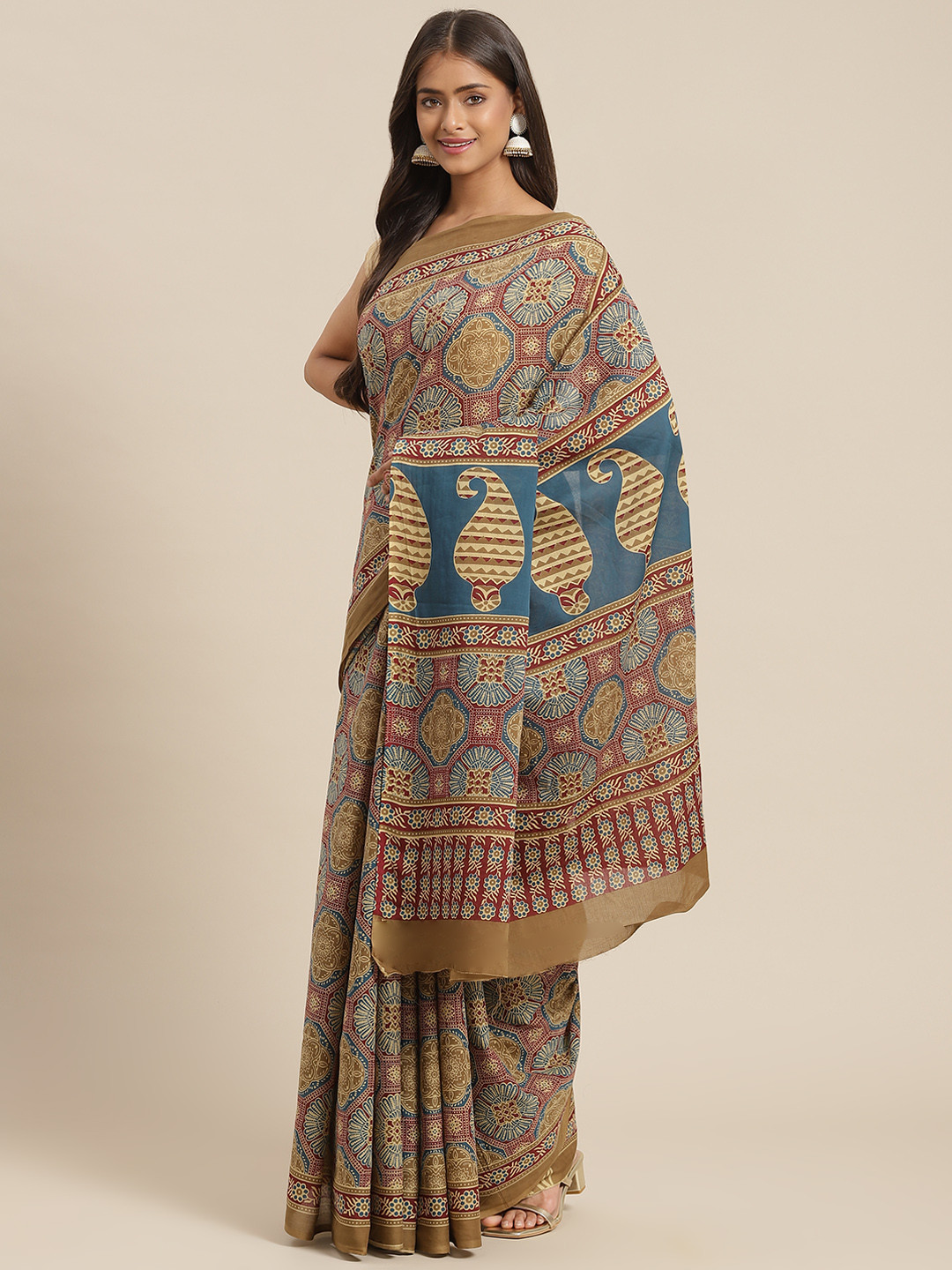 Yufta Maroon & Beige Ajrak Print Pure Cotton Saree