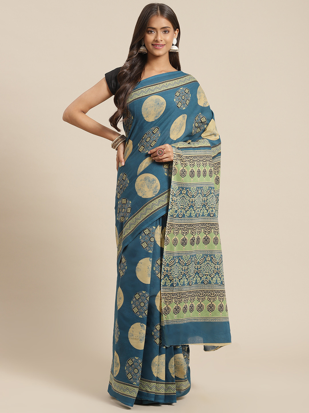 Yufta Blue & Beige Ajrak Print Pure Cotton Saree