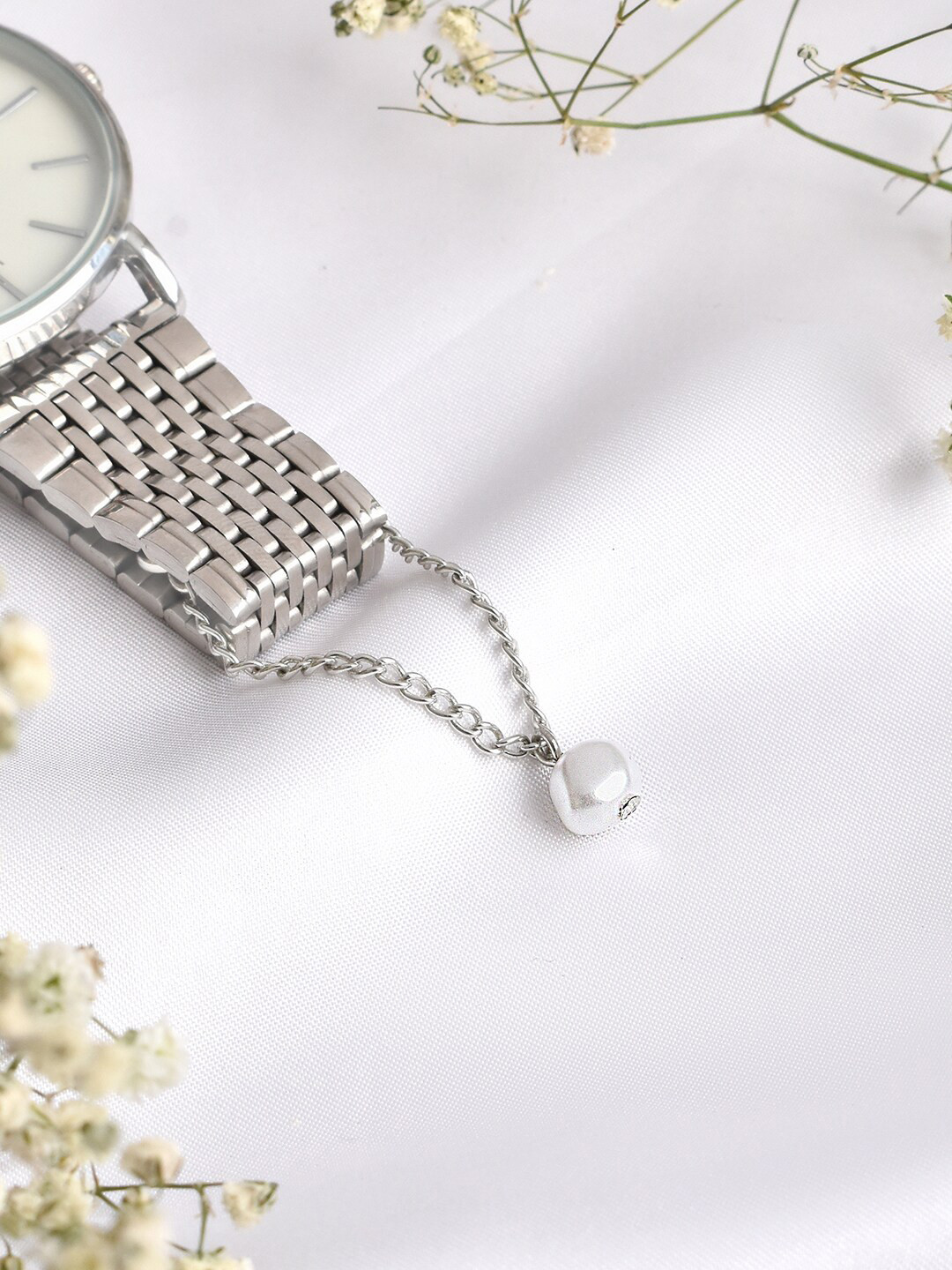 JOKER & WITCH Women Silver-Toned & White Pearl Watch Charm