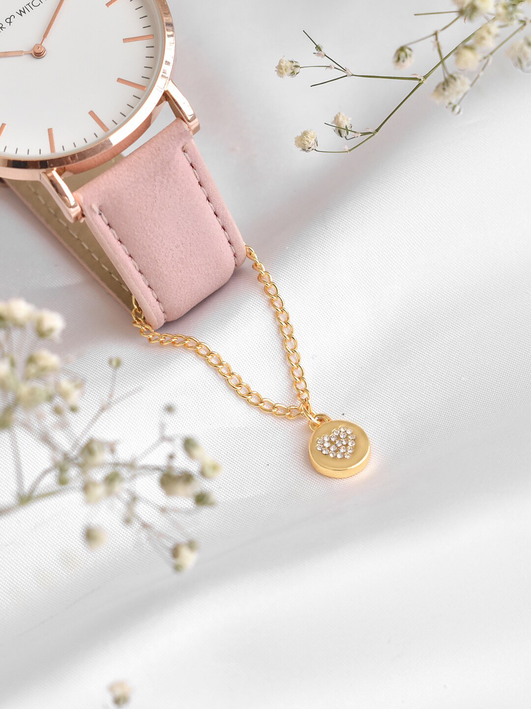 JOKER & WITCH Women Gold Toned & White Heart Rhinestone Watch Charm