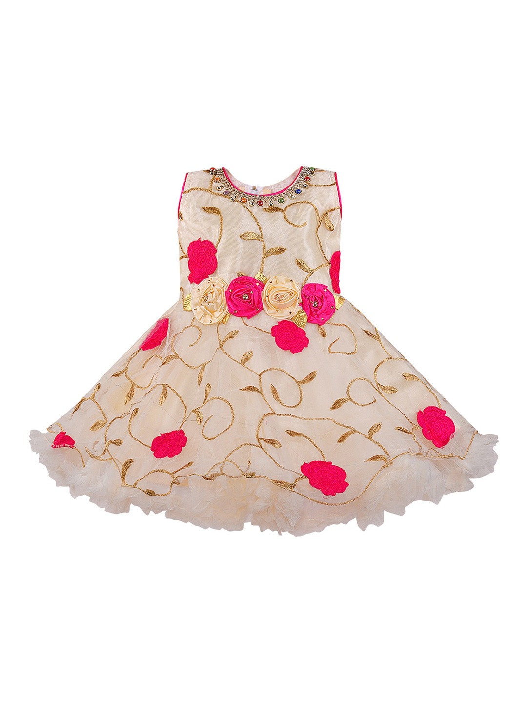 Wish Karo Girl's Pink & Beige Floral Net Dress