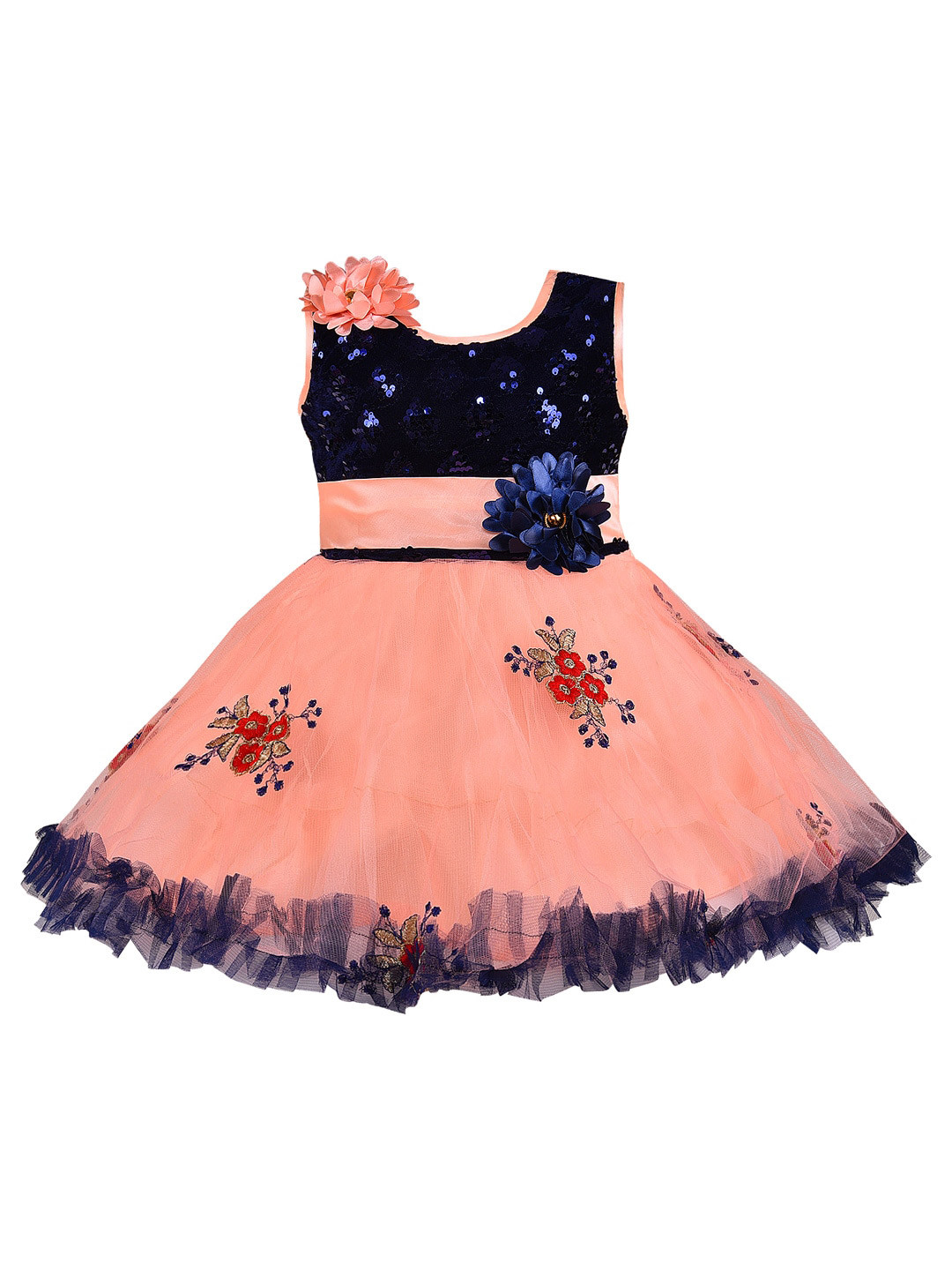 Wish Karo Girl's Peach-Coloured & Navy Blue Embellished Net Dress