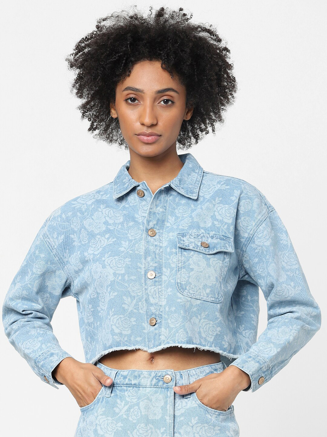 ONLY Women Blue Floral Crop Denim Jacket