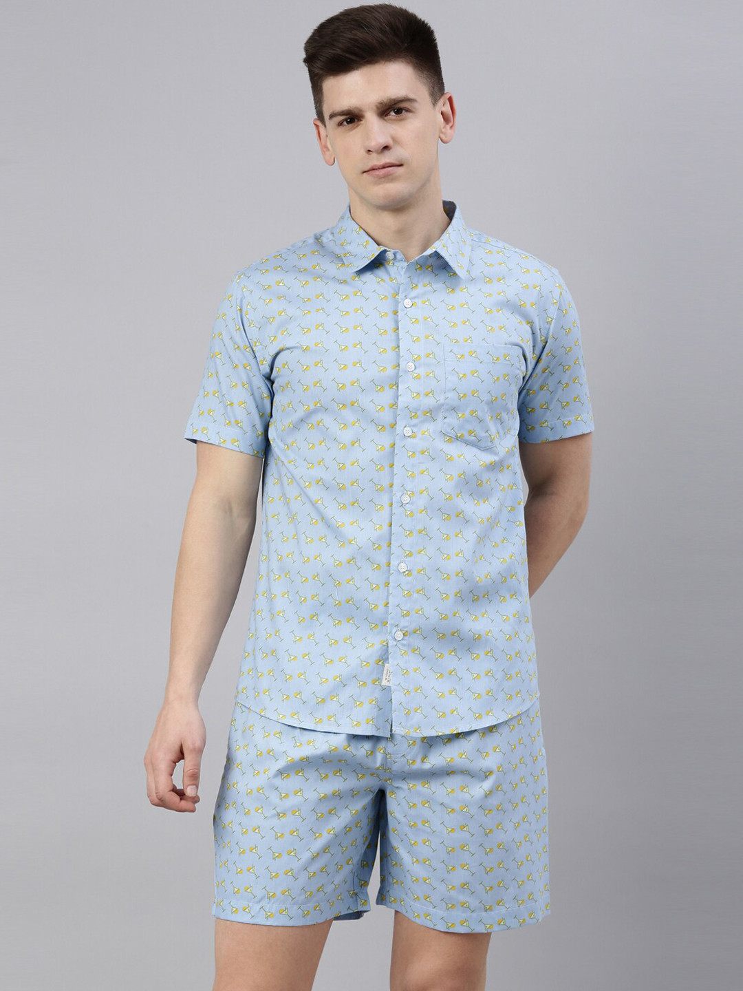 Joven Men Sea Green Printed Shirt & Shorts