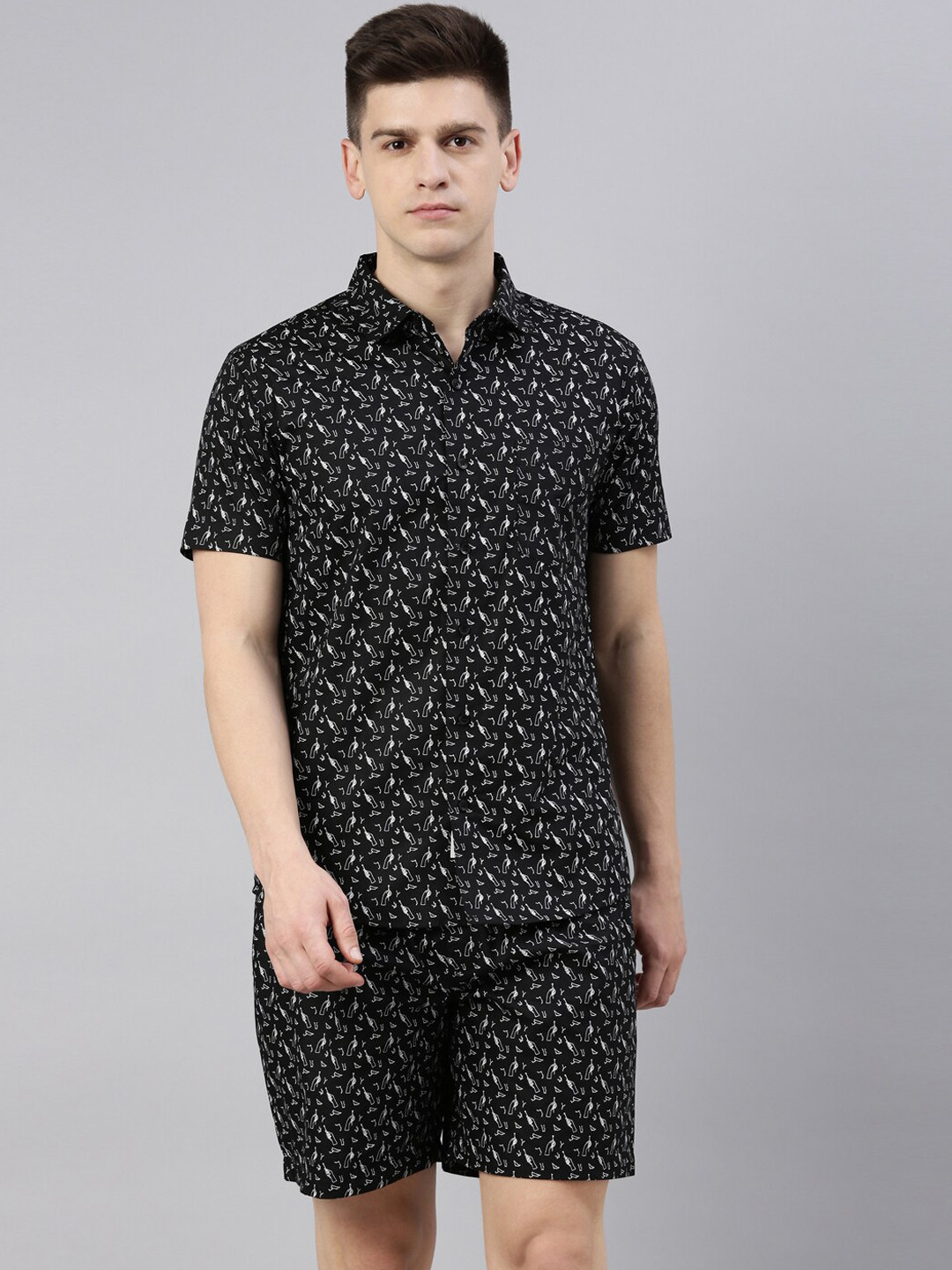 Joven Mens Black & White Printed Pure Cotton Shirt & Shorts Set