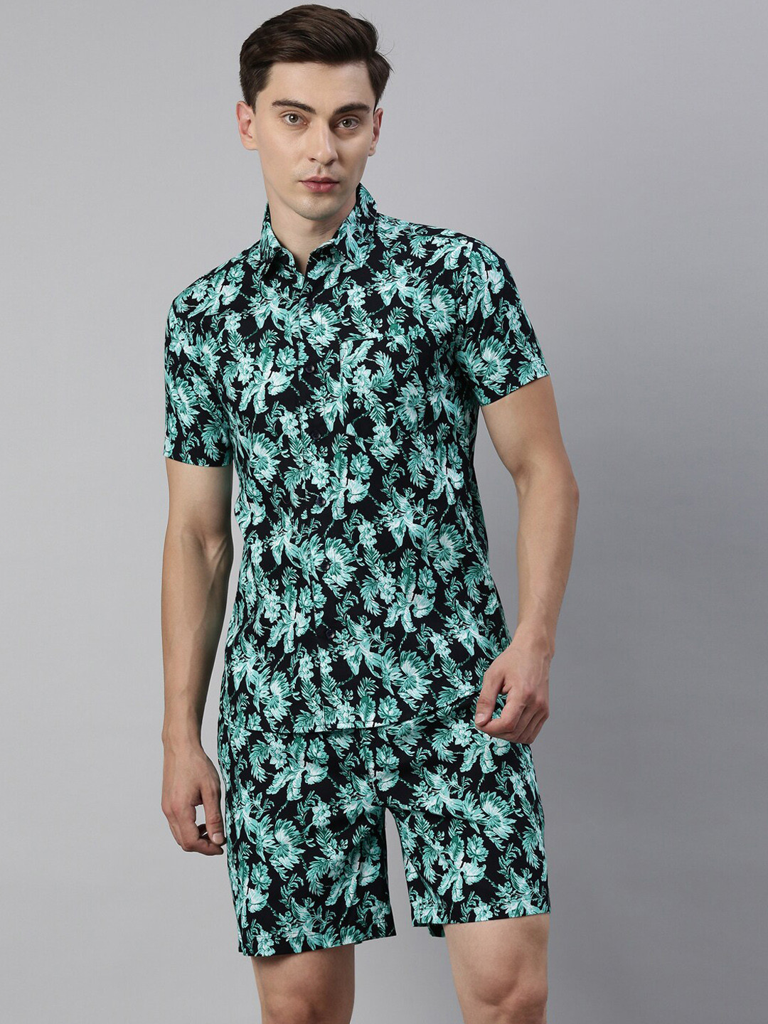 Joven Men Black and Blue Floral Printed Cotton Co-ord Set