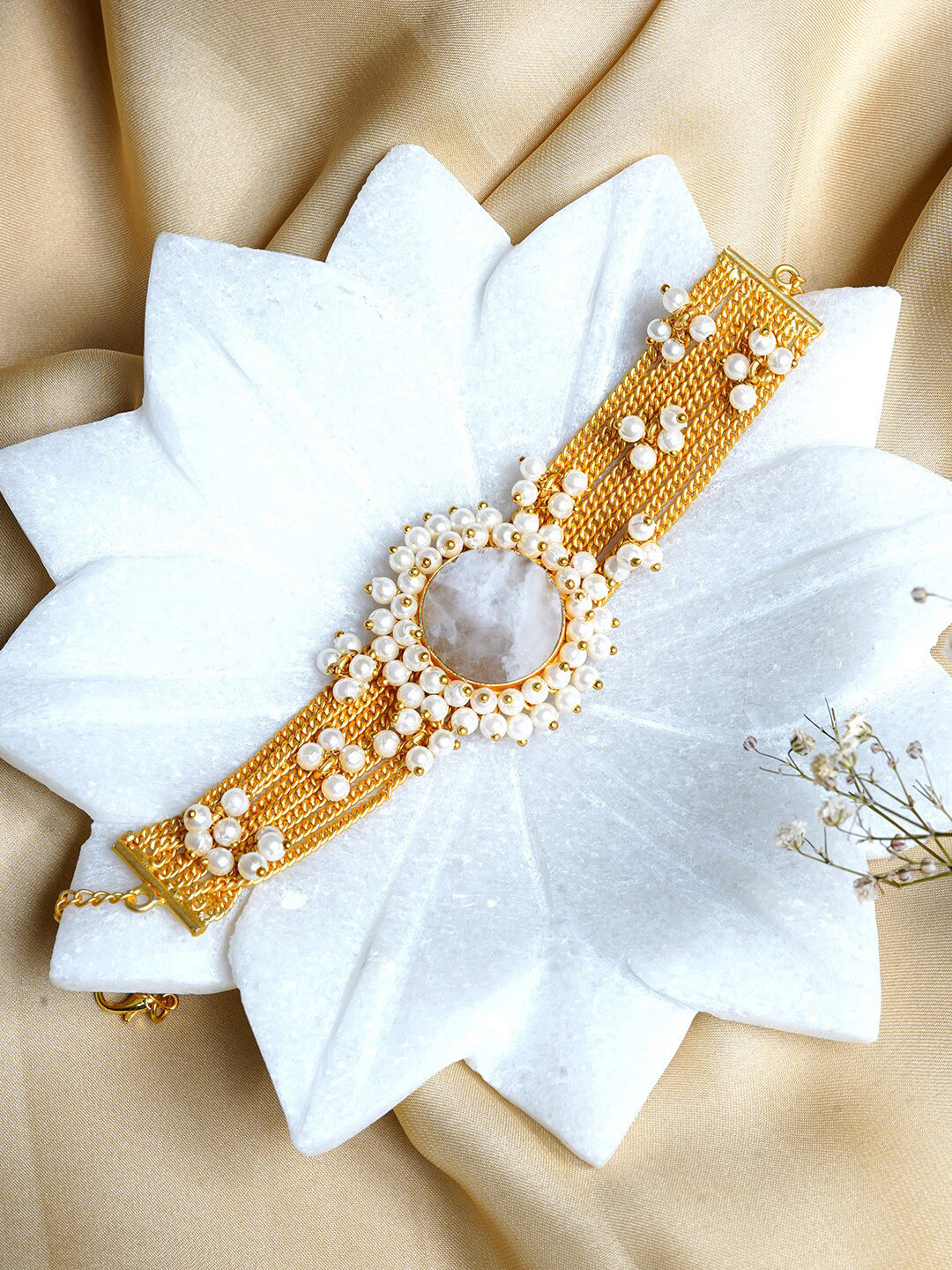 TEEJH Women Gold-Toned & White Brass Layered Wraparound Bracelet