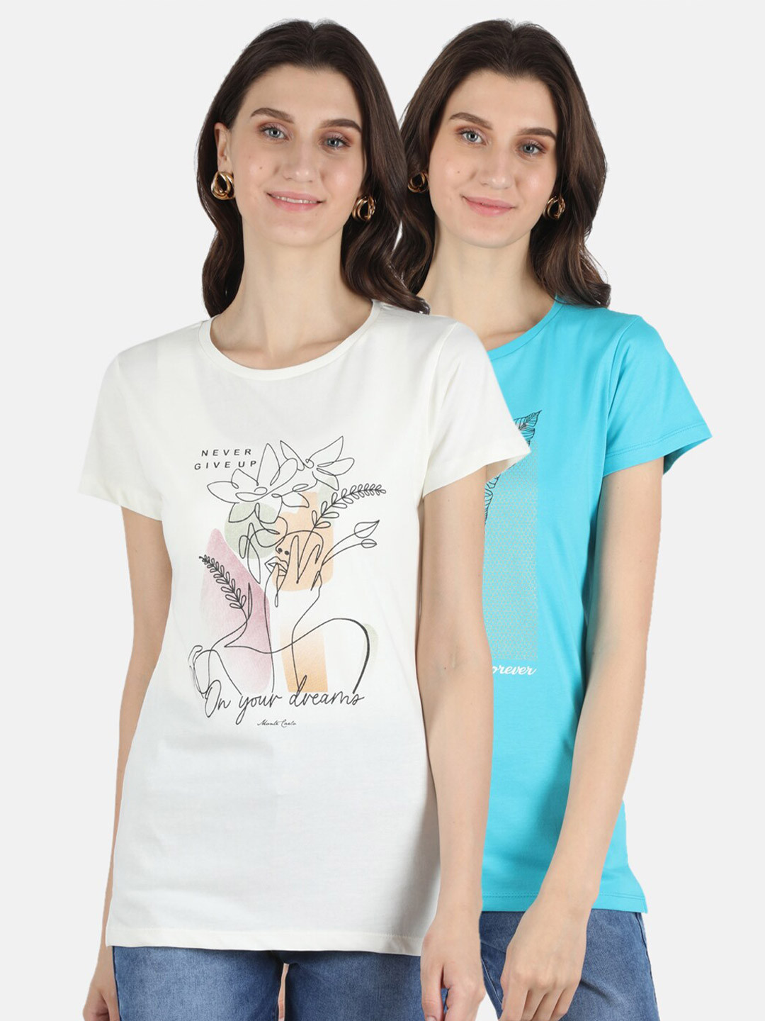 Monte Carlo Women Cream-Coloured & Blue Set Of 2 Printed Pure Cotton T-shirt