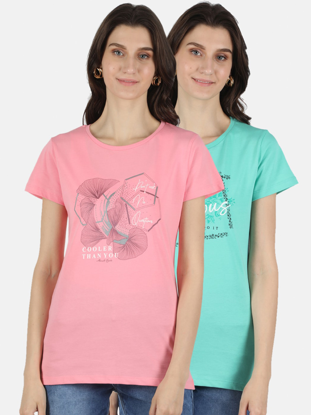 Monte Carlo Women Pink & Blue Pack of 2 Printed Pure Cotton Top