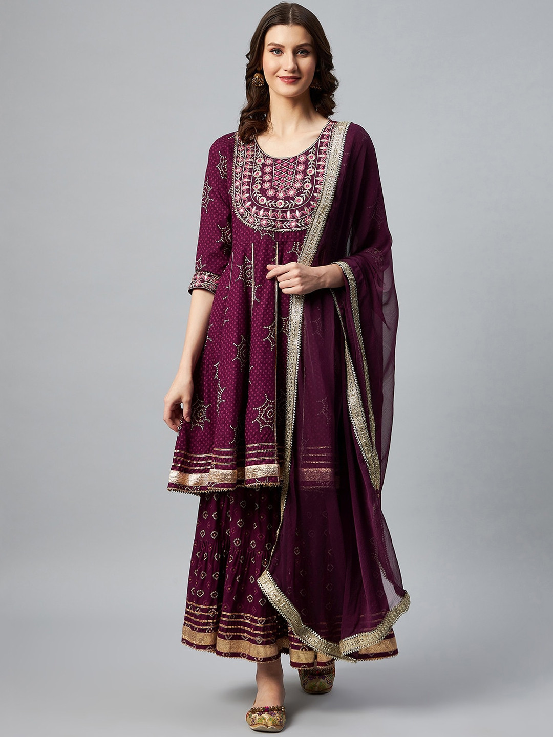InWeave Women Purple Bandhani Printed Kurta with Sharara & With Dupatta