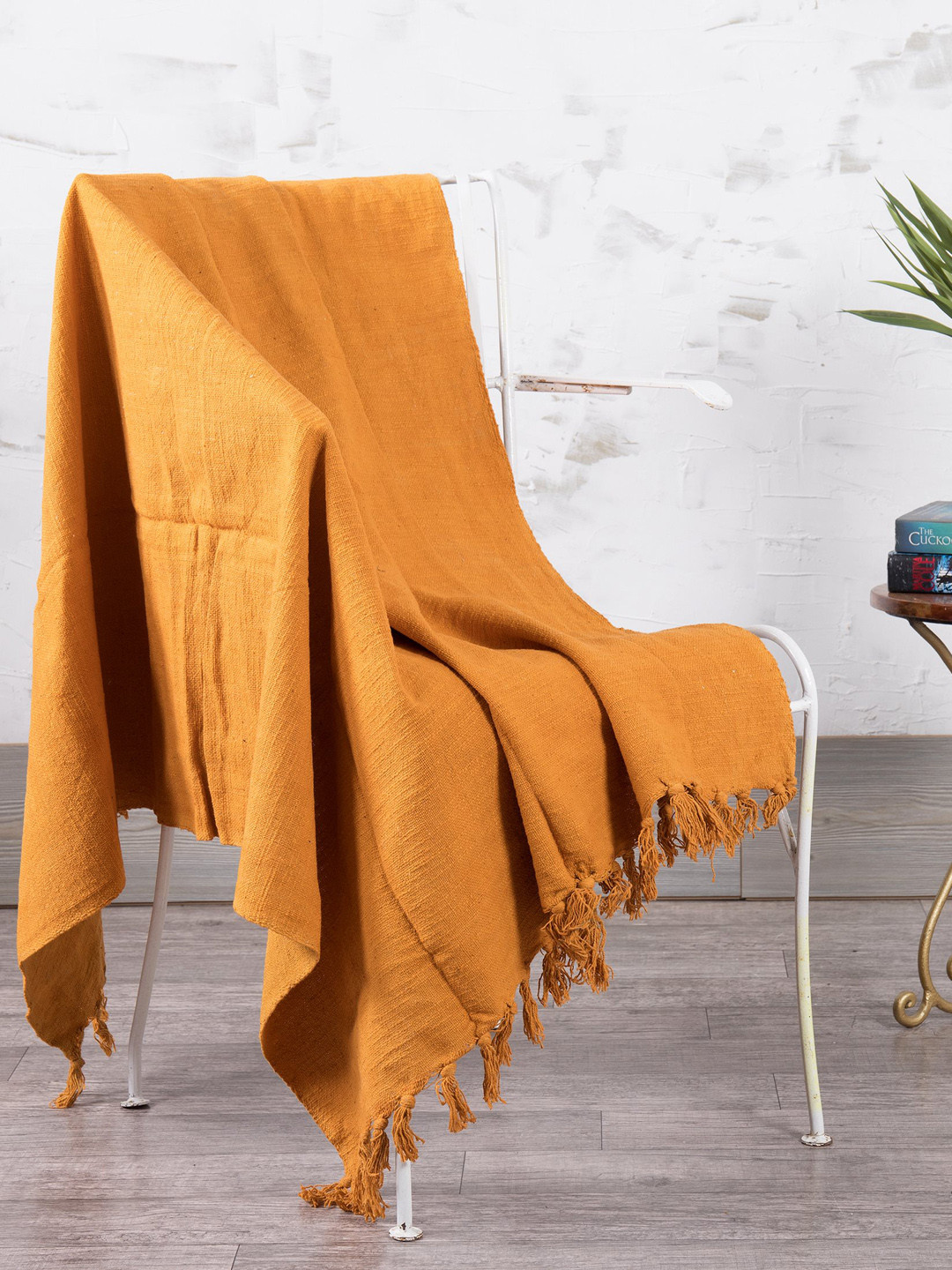 HANDICRAFT PALACE Mustard-Yellow Woven Cotton Sofa Throw