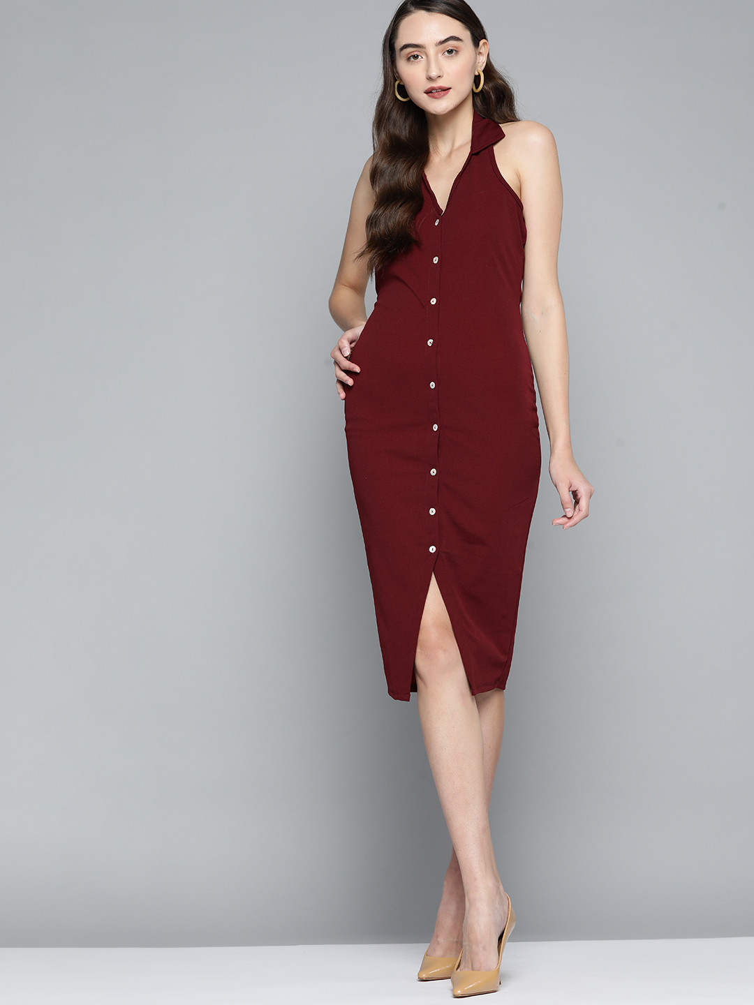 HERE&NOW Maroon Solid Backless Shirt Midi Dress