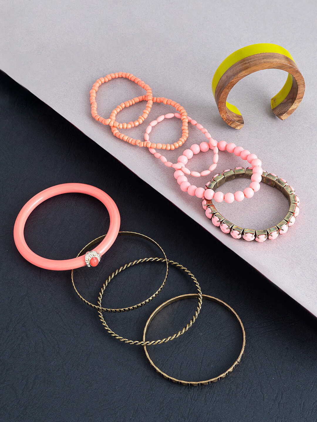 Golden Peacock Women Set of 10 Peach-Coloured & Yellow Bracelet