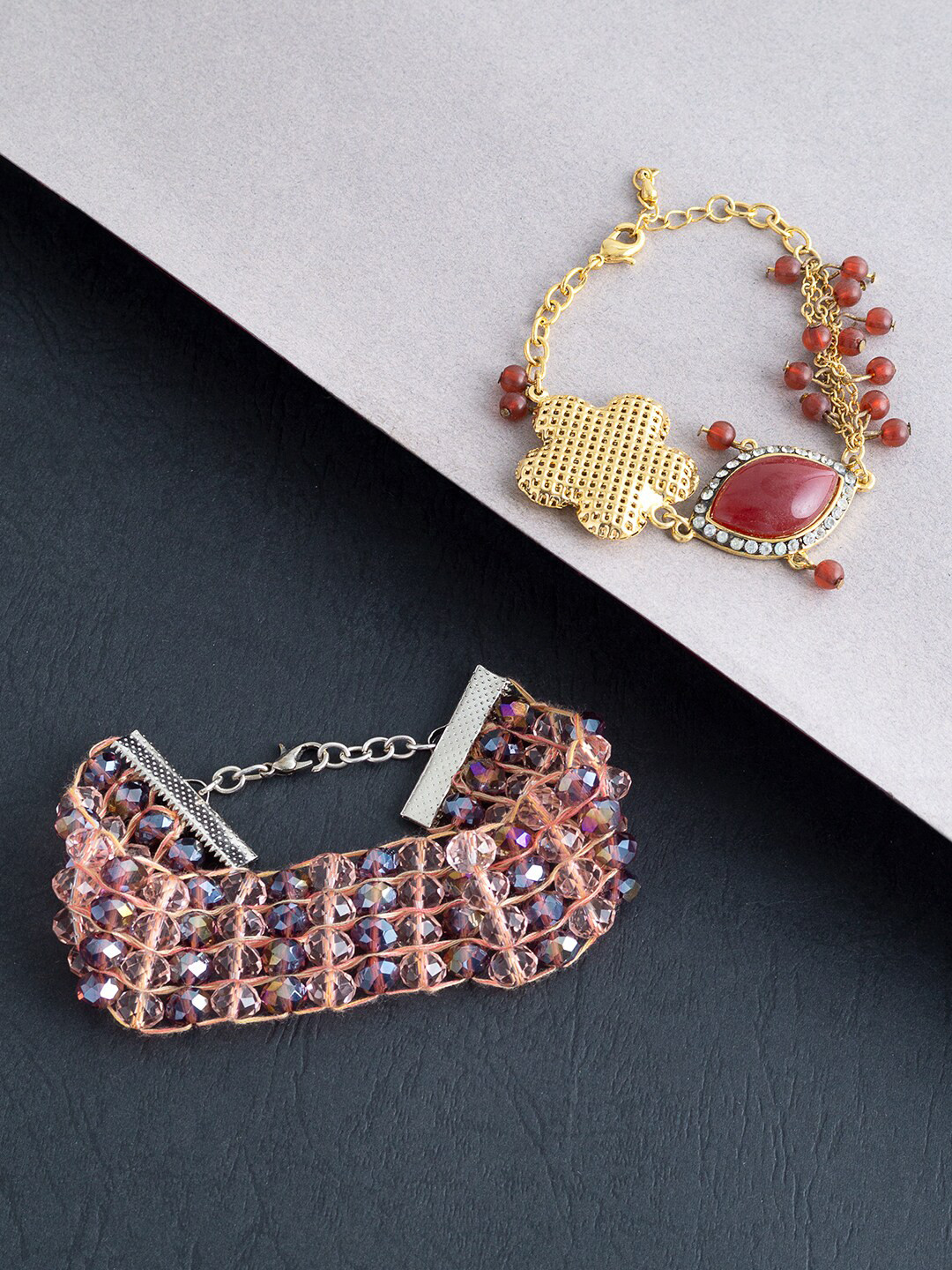 Golden Peacock Women Set of 2 Red & Gold-Toned Handcrafted Link Bracelet