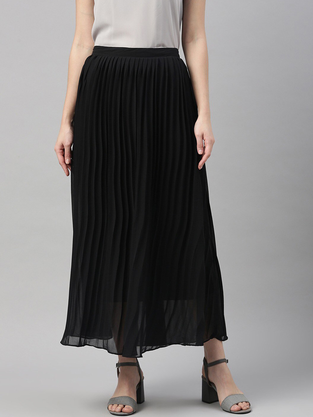 SHECZZAR Women Black Solid Accordion Pleated Flared Maxi Skirt