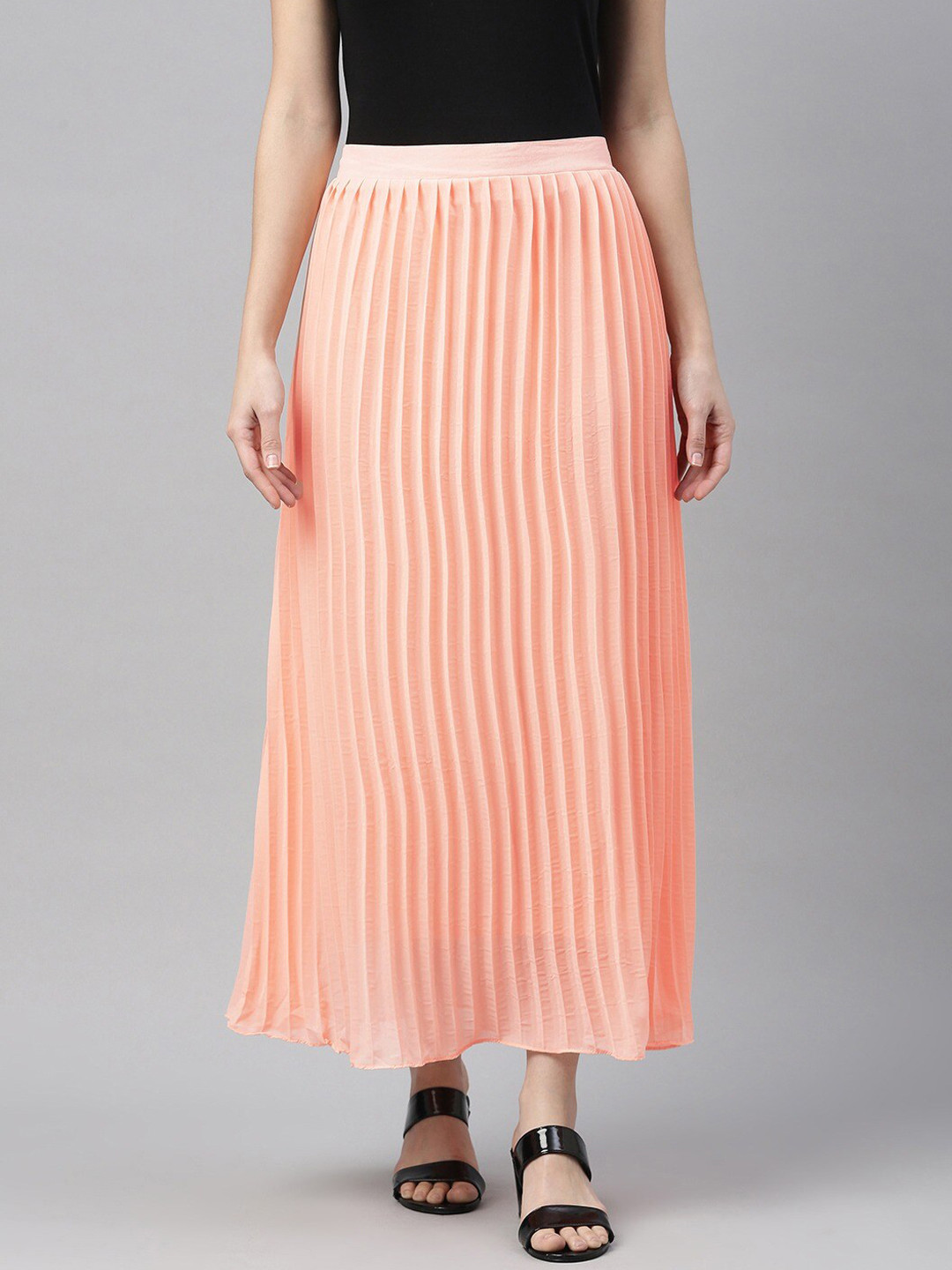 SHECZZAR Women Peach Accordion Pleat Maxi Flared Skirt
