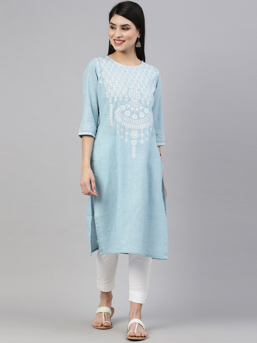 Marcia Women Blue Printed Boat neck Calf length Cotton Kurta