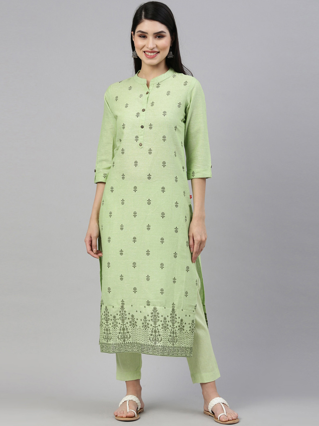 Marcia Women Green Floral Printed Pure Cotton Kurta with Trousers