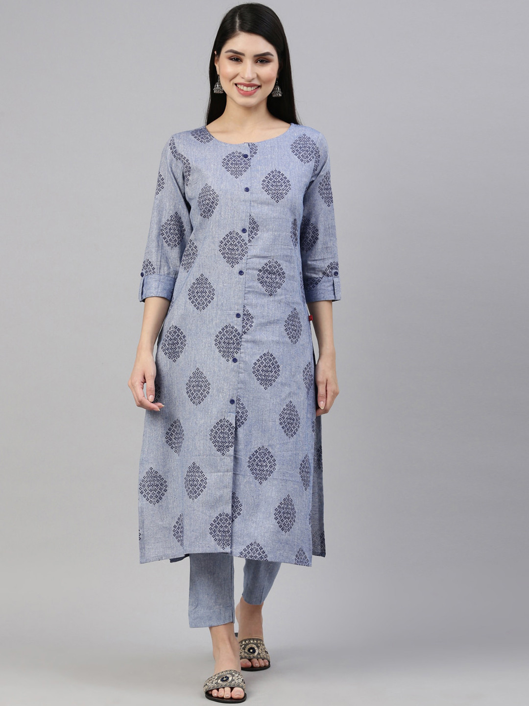 Marcia Women Blue Ethnic Motifs Printed Pure Cotton Kurta with Trousers