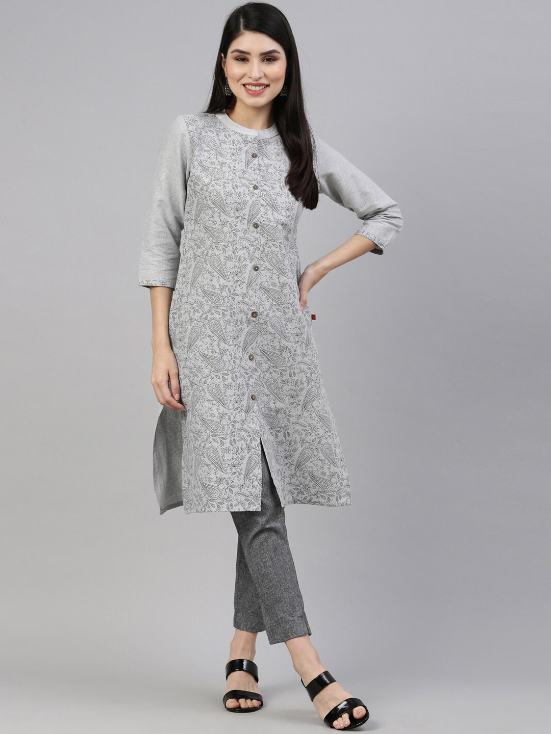 Marcia Women Grey Ethnic Motifs Printed Mandarin collar Three Quarter Sleeve Kurta