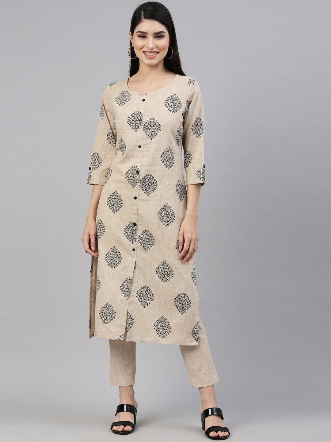 Marcia Women Beige Ethnic Motifs Printed Angrakha Pure Cotton Kurti with Trousers