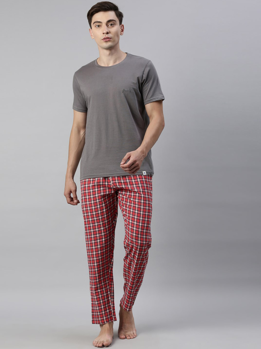 Joven Men Grey & Red Pure Cotton Night suit
