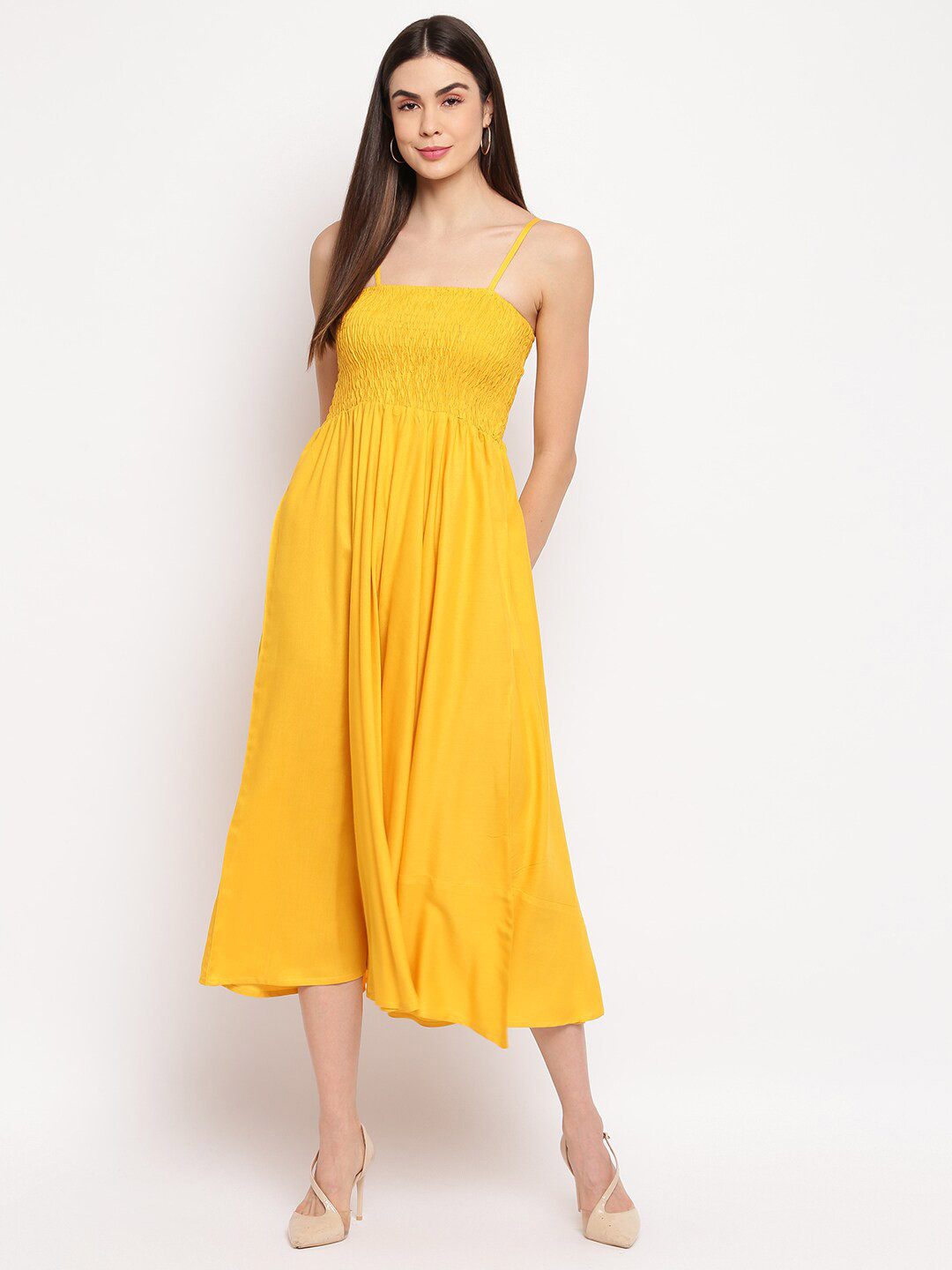 Aawari Mustard Yellow Fit & Flare Midi Dress