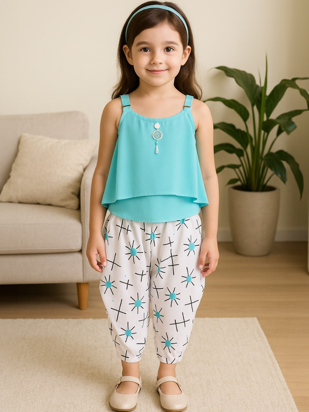 Wish Karo Girls Blue & White Printed Cotton Blend Top with Dhoti Pants Clothing Set