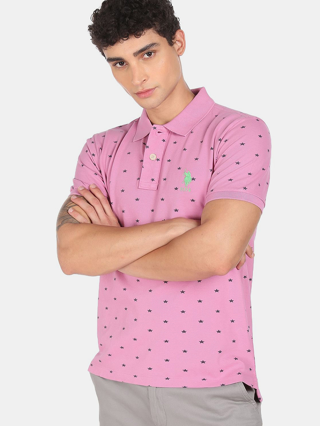 U S Polo Assn Men Pink Printed Polo Collar Pure Cotton T-shirt