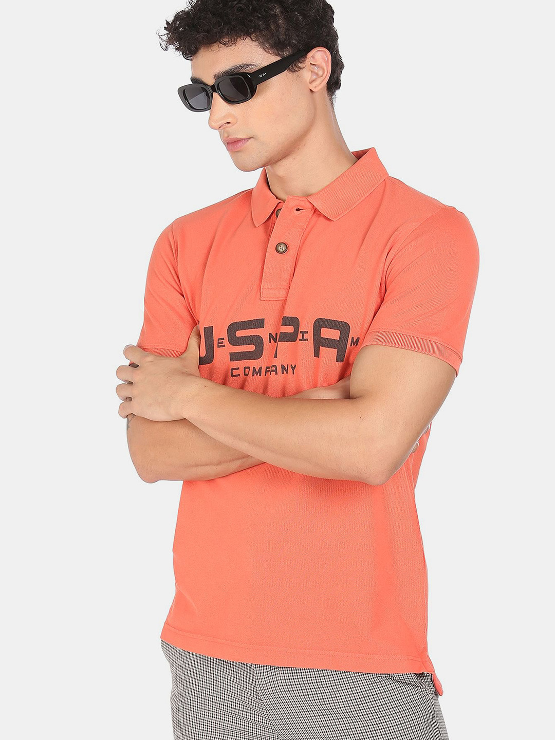 U S Polo Assn Denim Co Men Peach-Coloured Typography Printed Polo Collar T-shirt