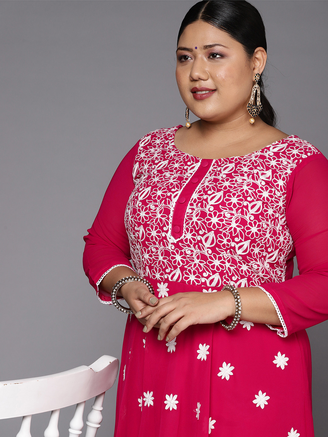 INDDUS PLUS Women Magenta & White Floral Embroidered Thread Work Georgette Anarkali Kurta