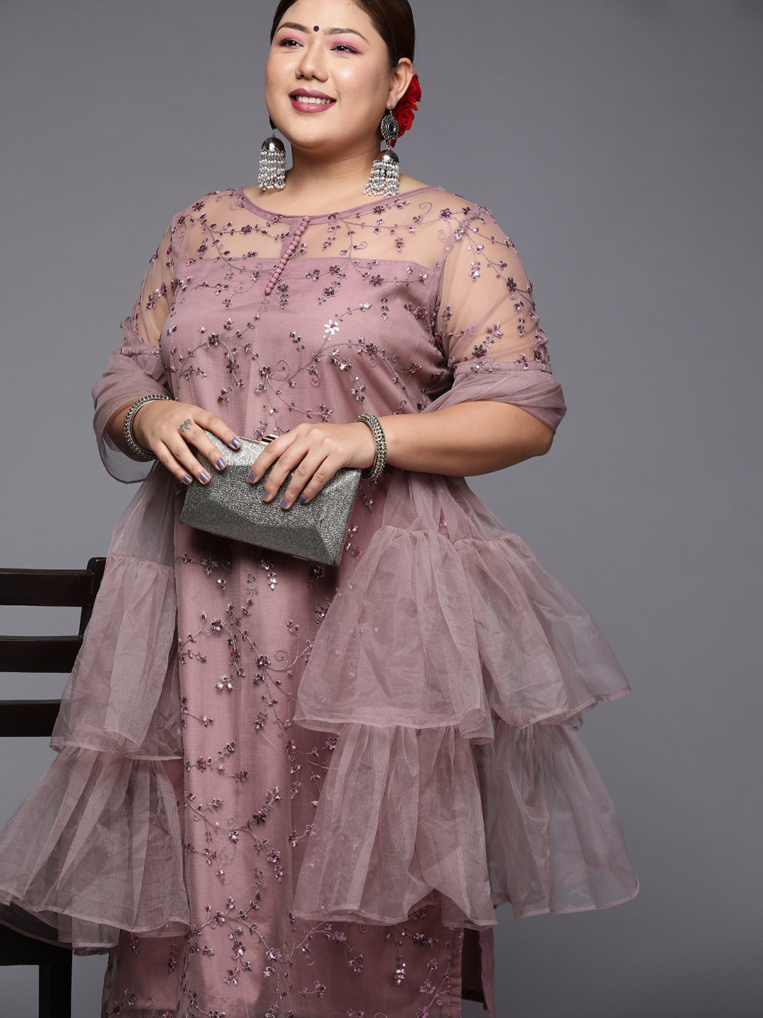 INDDUS PLUS Women Plus Size Mauve Floral Sequinned Kurta with Palazzos & Dupatta