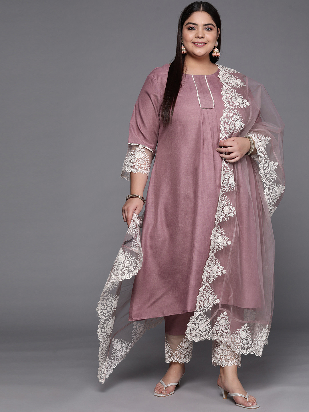 INDDUS PLUS Women Mauve & White Solid Lace Inserts Kurta with Trousers & Net Dupatta