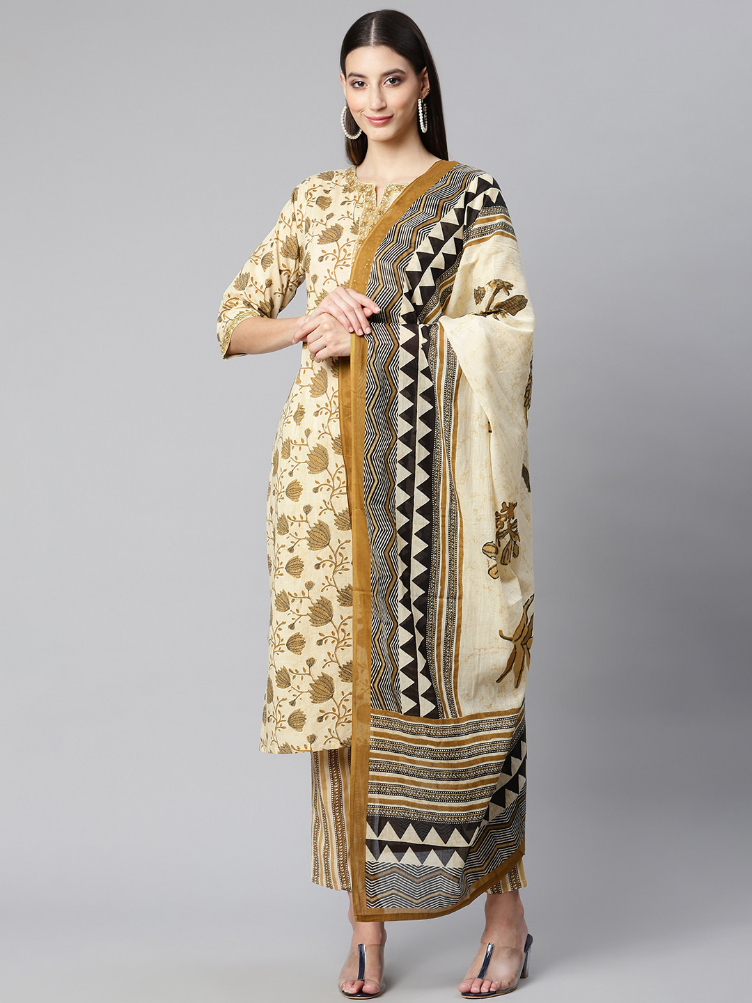 Ginni Arora Label Women Yellow Ethnic Motifs Printed Pure Cotton Kurta with Trousers & With Dupatta