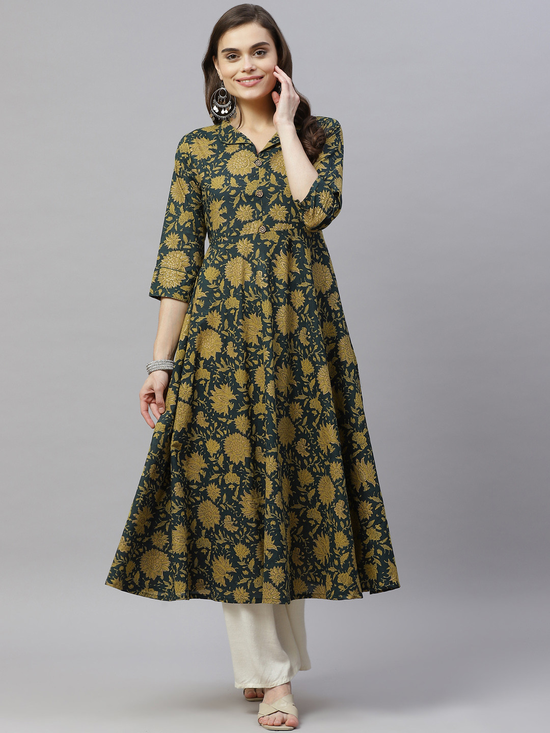 MIRAVAN Women Teal Green & Olive Green Ethnic Motifs Printed Cotton Anarkali Kurta