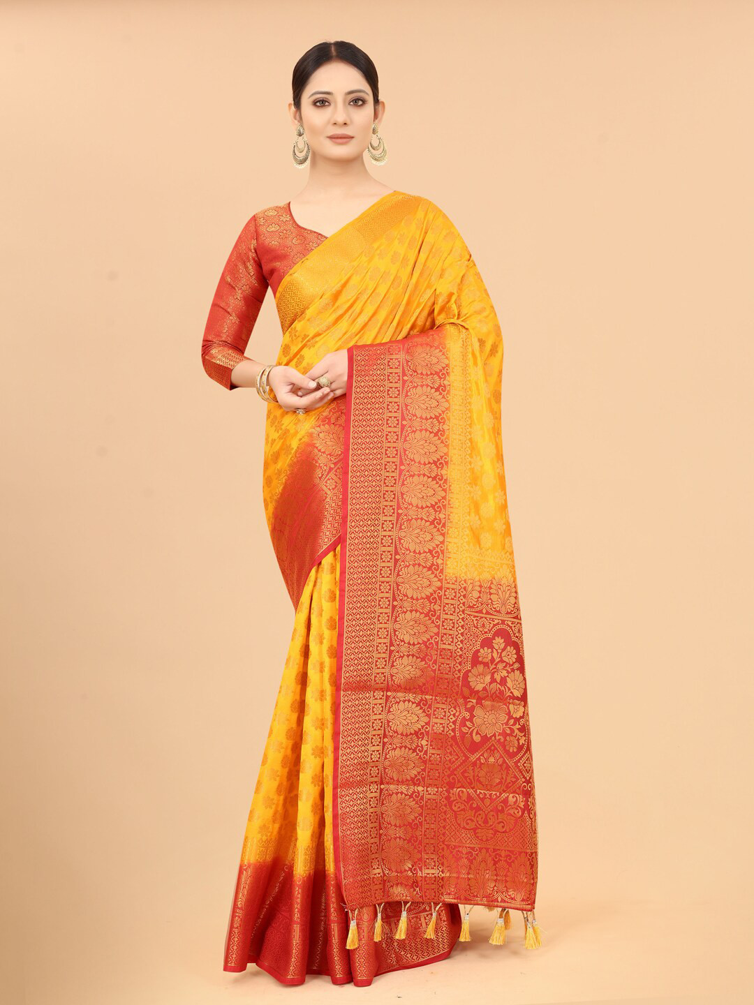 FINE WEAR Red & Yellow Woven Design Zari Silk Cotton Banarasi Saree