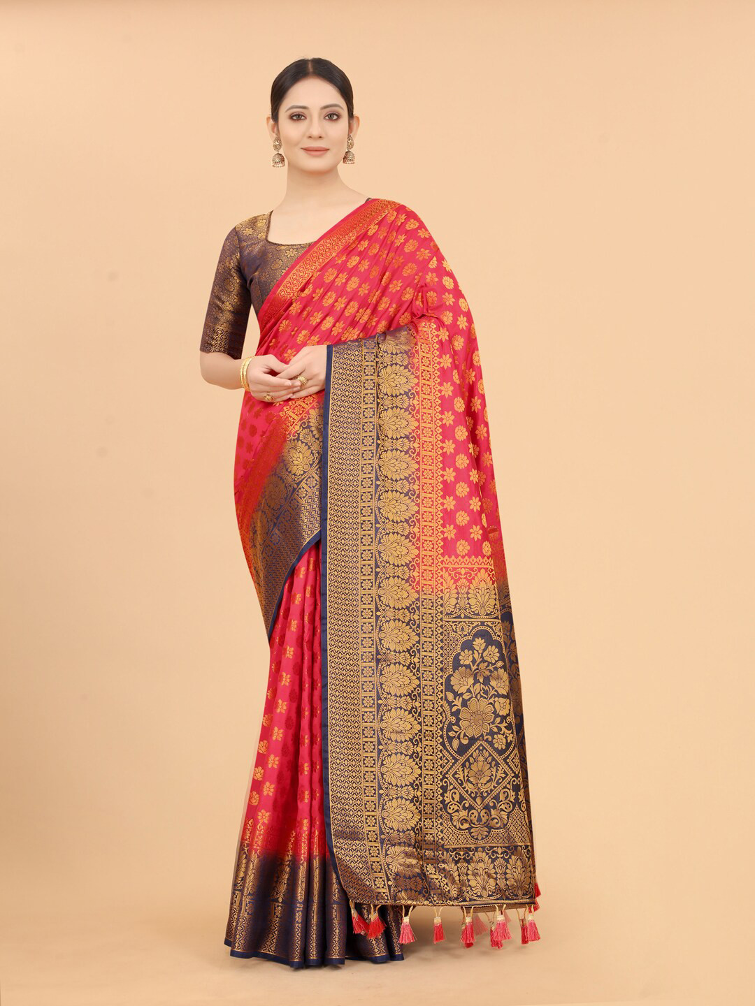 FINE WEAR Red & Navy Blue Woven Design Zari Silk Cotton Saree