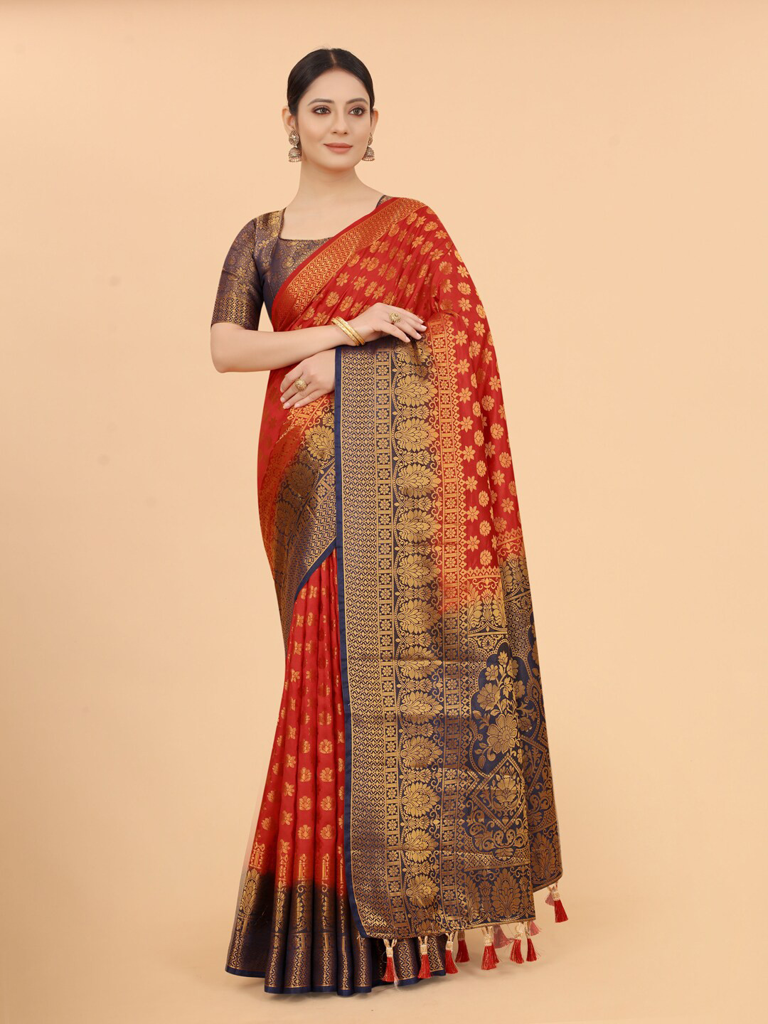 FINE WEAR Red & Navy Blue Woven Design Zari Silk Cotton Banarasi Saree