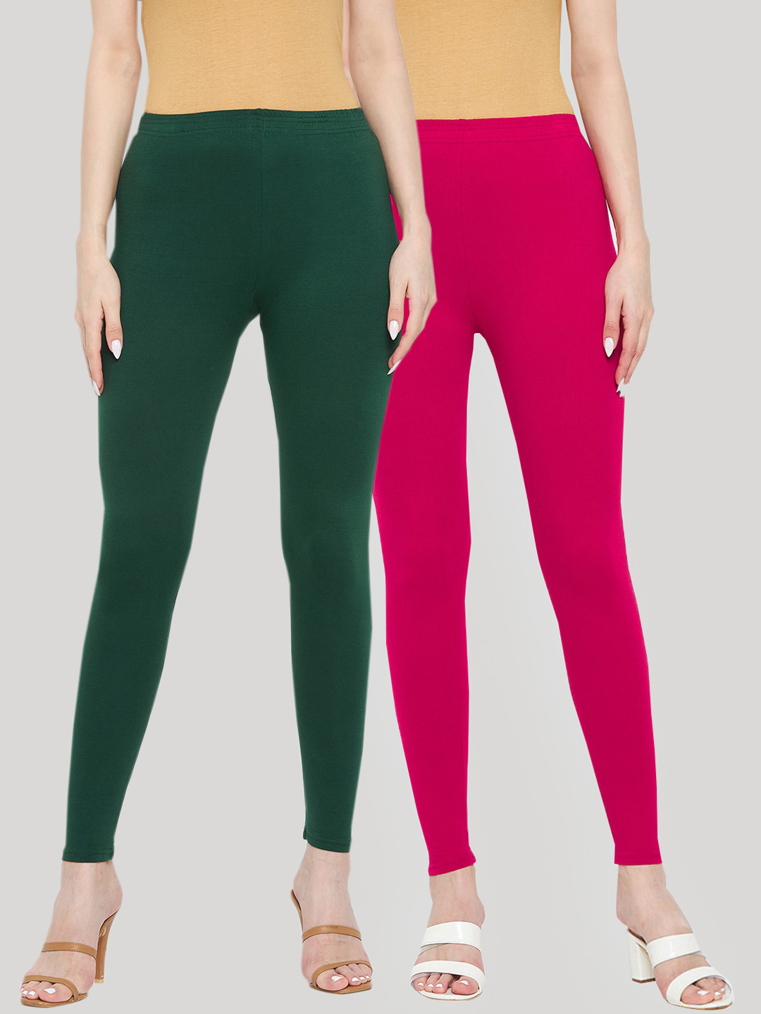 Clora Creation Women Set Of 2 Bottle Green & Magenta Solid Ankle Length Leggings
