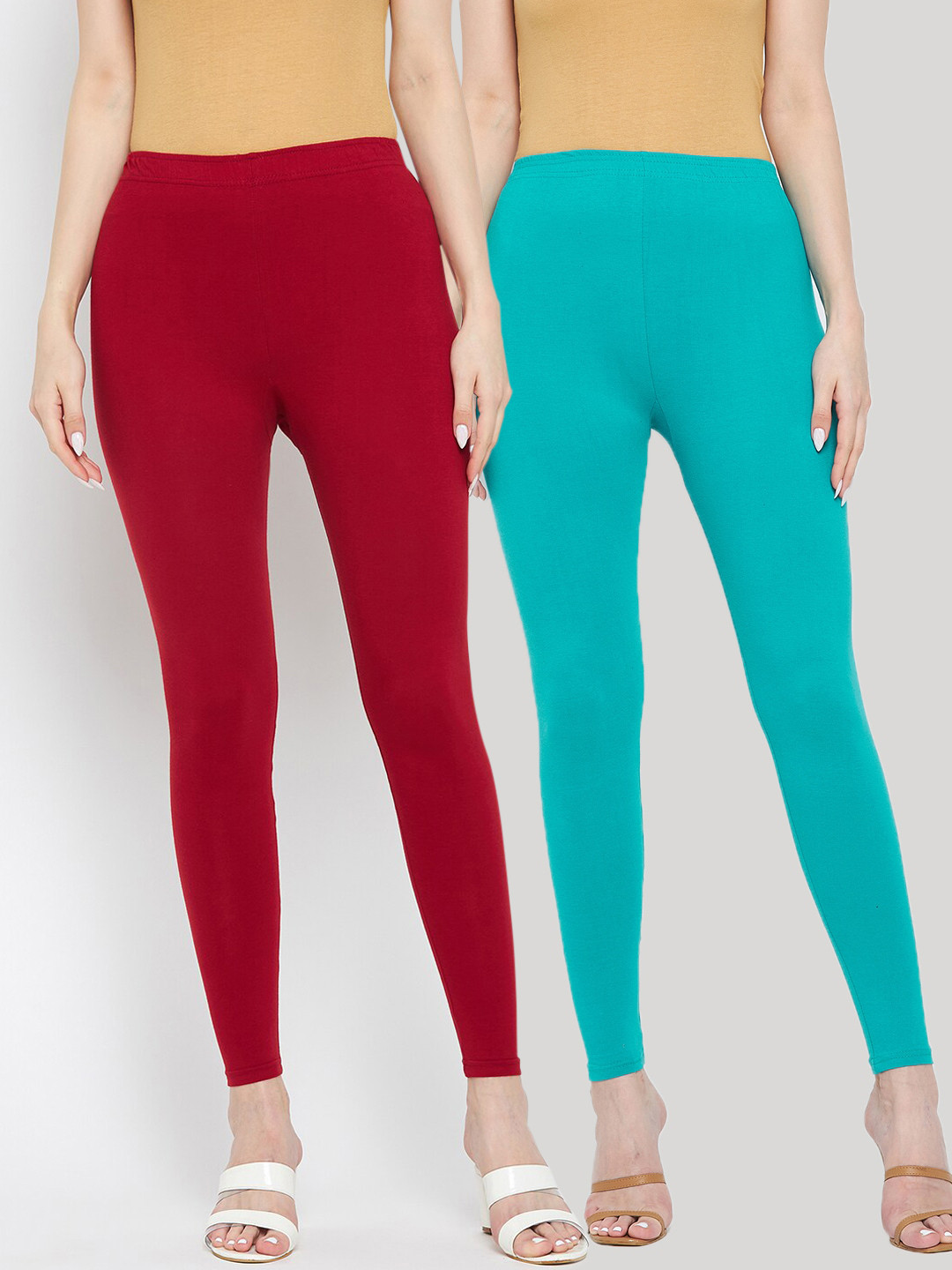 Clora Creation Women Pack of 2 Maroon and Blue Solid Ankle Length Leggings