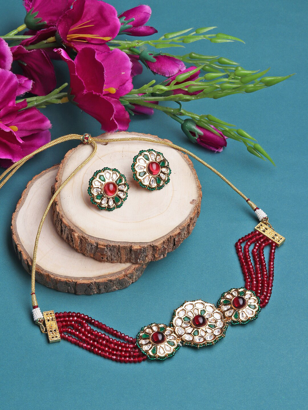 Runjhun Women Maroon & Rhodium Plated Onyx Layered Jewellery Set