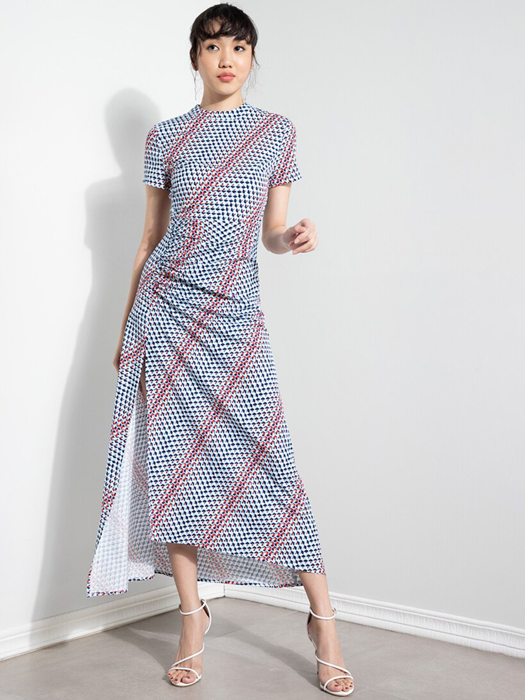 ZALORA OCCASION Navy Blue & White Side Ruched Detail Midi Dress