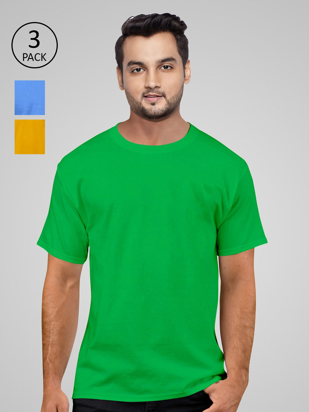 Pootlu Men Green & Blue Solid Pure Cotton T-shirt Pack Of 3